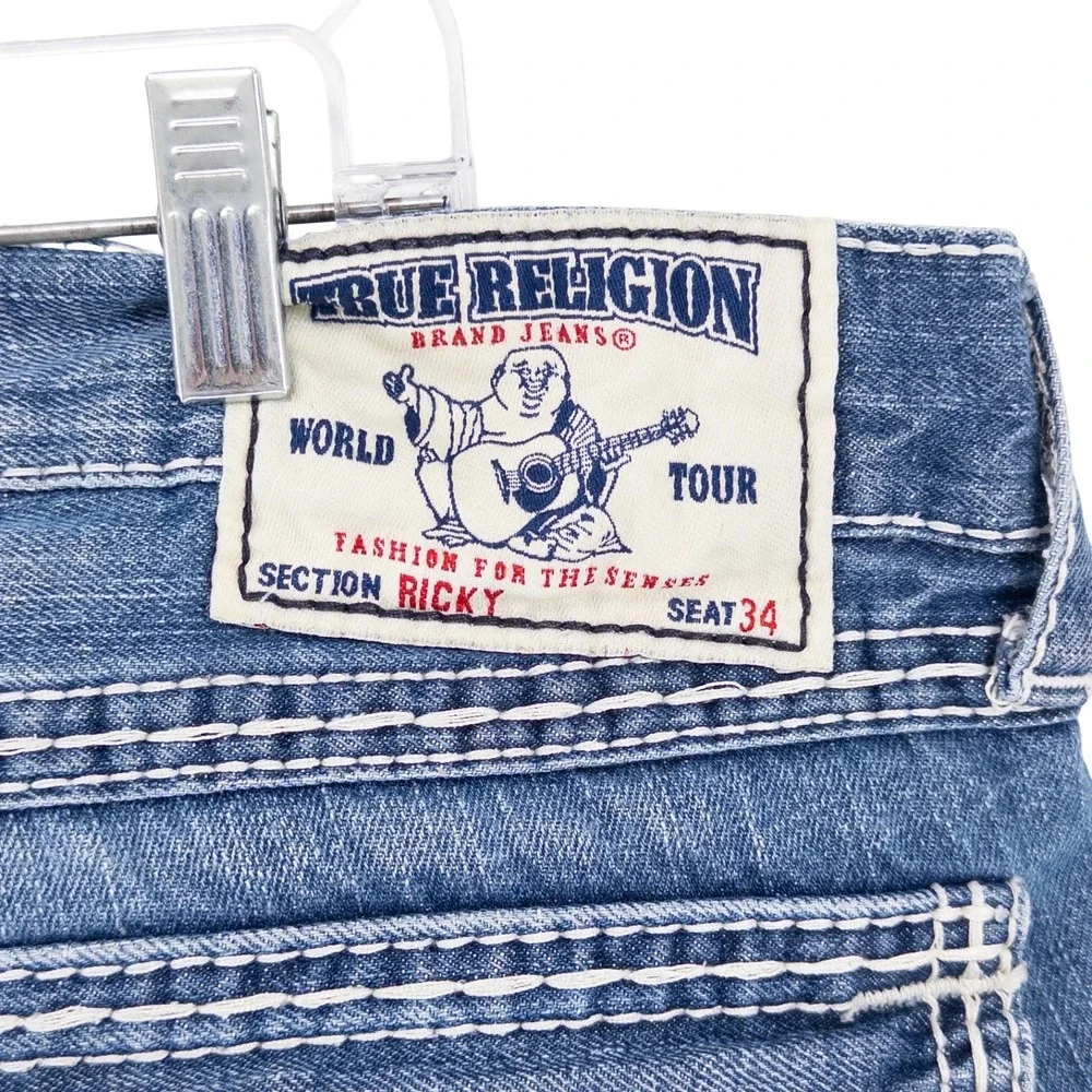 VTG Y2K True Religion Mens 38x33 Ricky Straight Jeans Blue Thick White Stitching